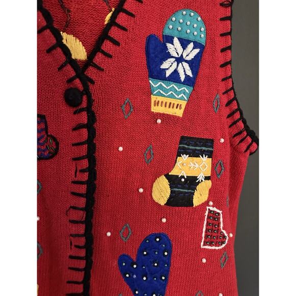 Studio Works Women’s Size Large Christmas Vest/sweater - Knit Mittens & Stocking - Picture 2 of 8